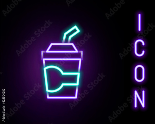 Glowing neon line Paper glass with drinking straw and water icon isolated on black background. Soda drink glass. Fresh cold beverage symbol. Colorful outline concept. Vector