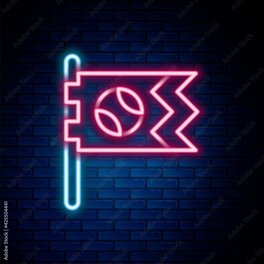 Glowing neon line Flag with baseball ball icon isolated on brick wall background. Colorful outline concept. Vector Glowing neon line Flag with baseball ball icon isolated on brick wall background. Colorful outline concept. Vector