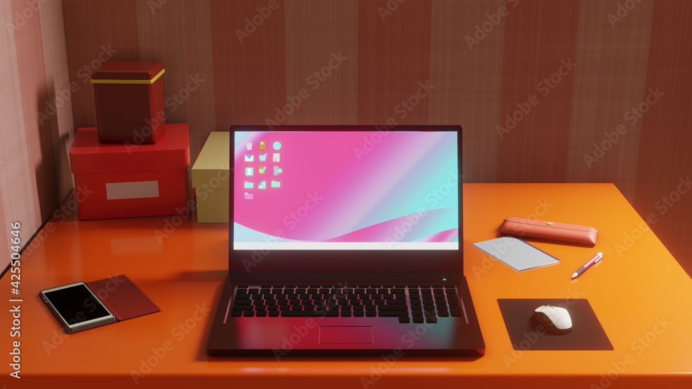 ピンクストライプ壁紙の可愛い部屋 3dcgインテリア ノートパソコン 周辺機器 雑貨 Stock イラスト Adobe Stock