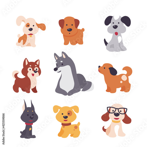 Collection of cute funny dog characters different breeds sit and stand isolated on white background. Vector flat illustration. For stickers, pet shelter emblems, veterinary logo, gift tags.