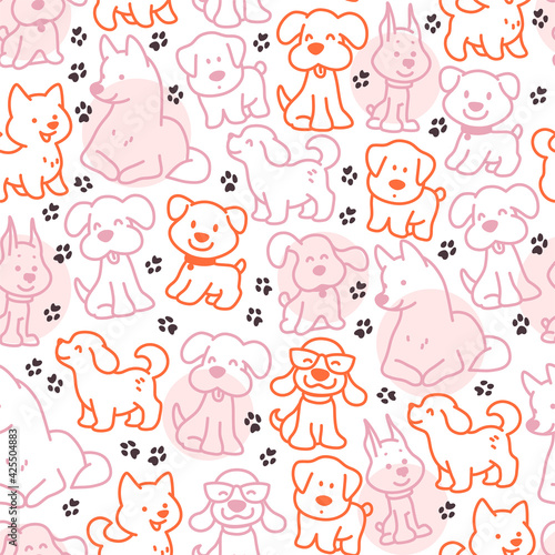 Fototapeta Naklejka Na Ścianę i Meble -  Seamless pattern design with cute little dog silhouettes and paw trace  isolated on white background. Vector line art illustration. For kids gifts packaging, wrapping paper etc.