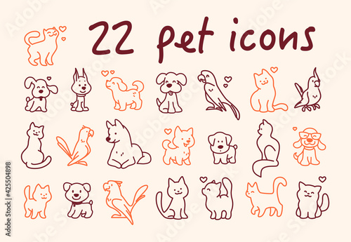 Collection of cute line art pet icons – cat, dog and parrot characters isolated on light background. Vector flat illustration. For shelter emblems, veterinary logo, children decor. © artflare