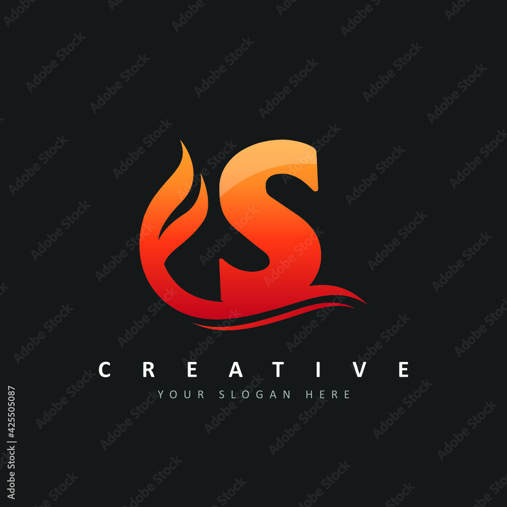 Letter S Logo Design With Fire Flames and Orange Swoosh Vector ...
