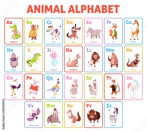 Alphabet cards. Funny animals letters educational children cards, kids learning through play, abc game, cute wildlife font. Childish educational vector cartoon isolated concept