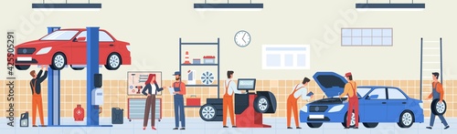 Auto repair service. Car workshop panorama, mechanics team in garage do technical inspection and digital diagnostics automobile, change wheels vector horizontal banner maintenance vehicle concept
