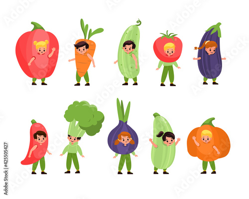 Kids vegetables dressed. Children costume party, fancy little fruits, cute happy boys and girls wearing veggies pajamas, fun dress-ups. Vegetarian clothes. Vector cartoon isolated set