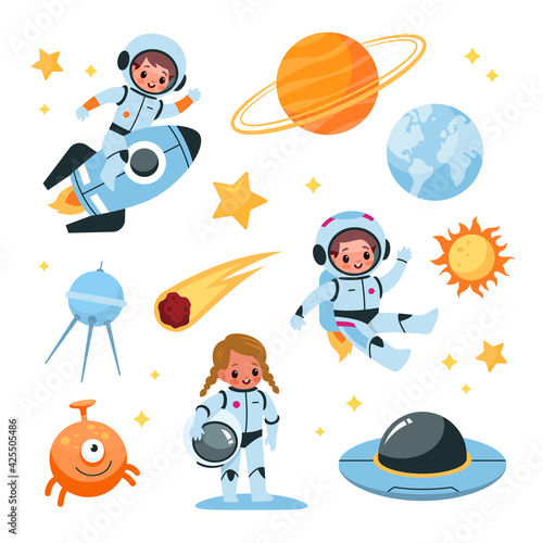 Kids space elements collection. Astronaut children with cosmic items, planets and satellite, boy in space suit riding rocket, girl in zero gravity, alien and ufo. Vector cartoon set