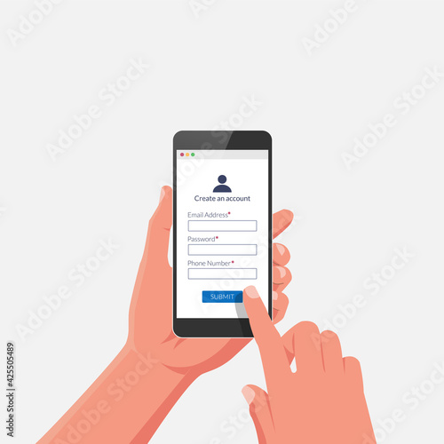 Online registration form concept on smartphone screen. Login page interface on hand vector illustration.