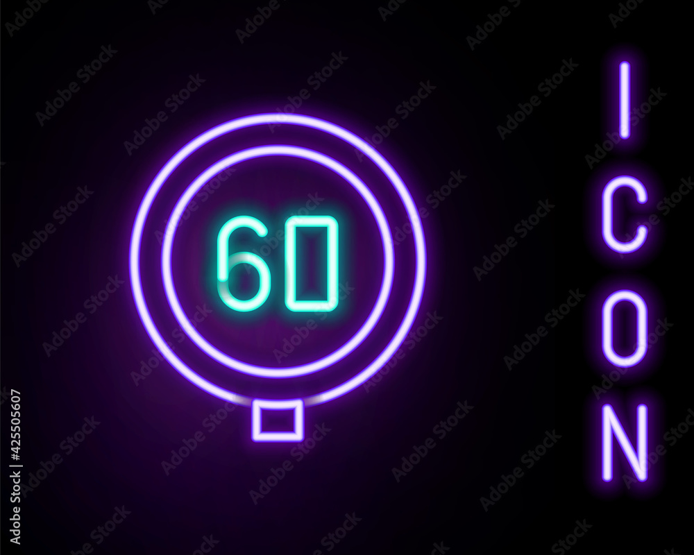 Glowing neon line Speed limit traffic sign 60 km icon isolated on black background. Colorful outline concept. Vector Glowing neon line Speed limit traffic sign 60 km icon isolated on black background. Colorful outline concept. Vector