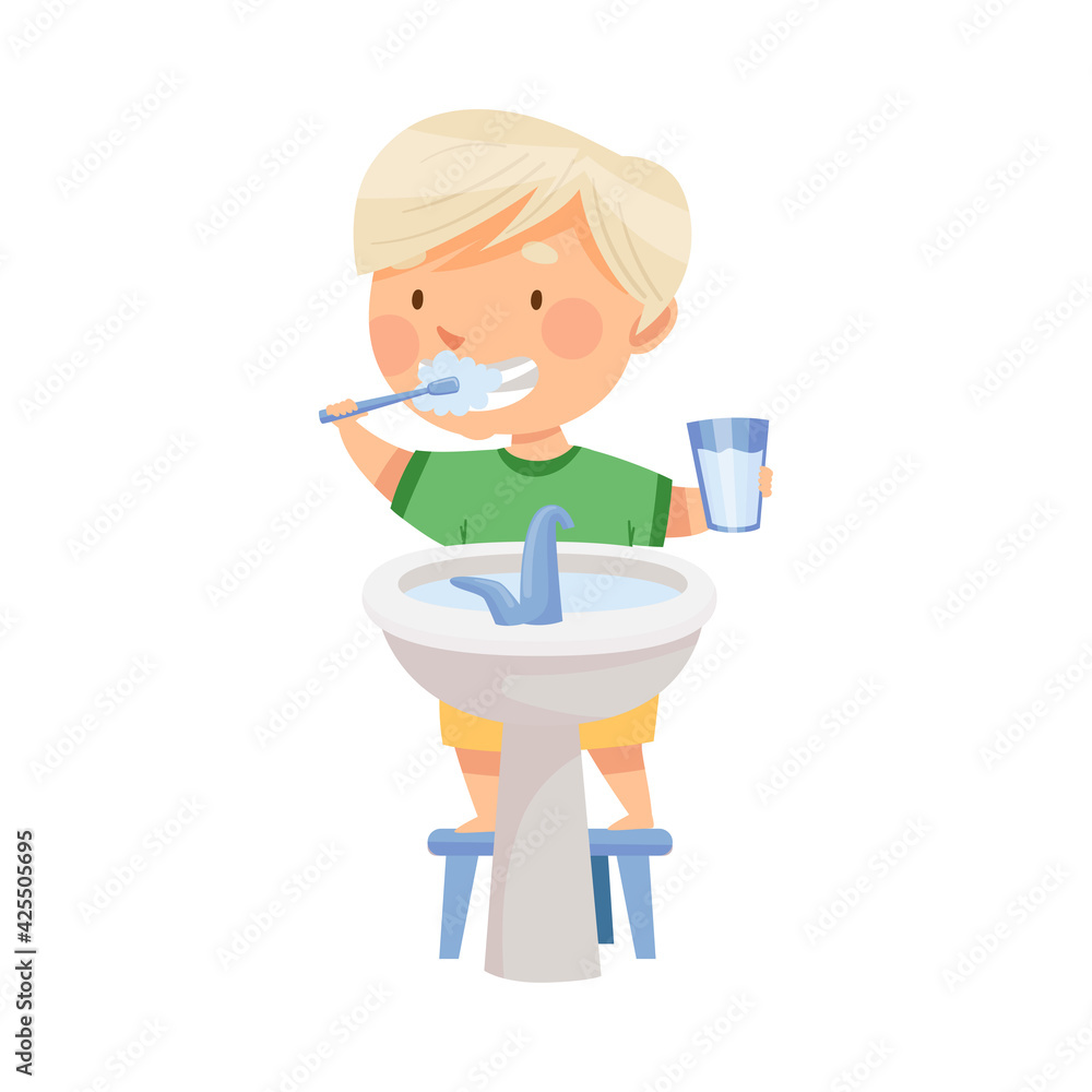 Cute Blond Boy Brushing His Teeth Standing on Stool Near Wash Stand Vector Illustration Cute Blond Boy Brushing His Teeth Standing on Stool Near Wash Stand Vector Illustration