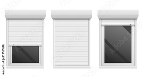 Rolling shutters. Realistic facade roller blind, window metal frame. 3D open and close white jalousie mockup. Vector home and office exterior furniture template for privacy or safety