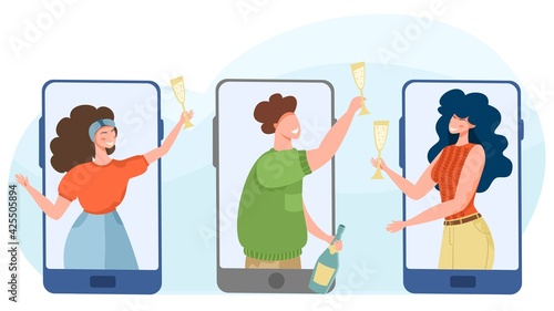 A company of people are celebrating a birthday. Online party, holiday in the distance. Quarantine, friends celebrate the holiday by phone.