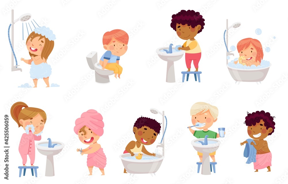 Little Kids Taking Bath, Brushing Teeth and Washing Hands and Face Vector Set Little Kids Taking Bath, Brushing Teeth and Washing Hands and Face Vector Set