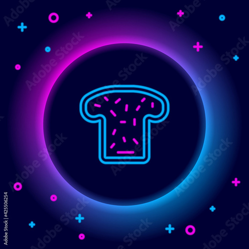 Glowing neon line Bread toast for sandwich piece of roasted crouton icon isolated on black background. Lunch, dinner, breakfast snack. Colorful outline concept. Vector
