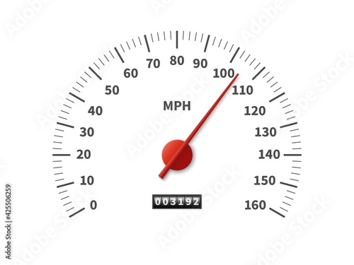 Speedometer. Realistic odometer interface. Speed meter with red arrow and miles measuring scale. Vehicle dashboard template. Car counter dial design. Vector transport velocity indicator