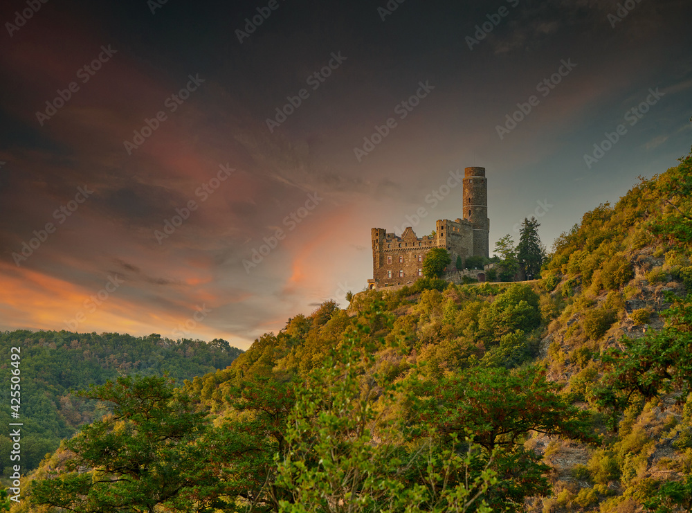 Maus Castle at sunset, Rhine Valley, Germany