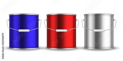 Steel can for paint. Realistic metal buckets with handles. 3D packaging for liquid. Blue or red and white aluminum containers mockup. Vector isolated metallic pails set for branding