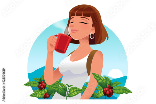 A woman who is love with drinking coffee. The aroma of the freshly brewed coffee drink. Aesthetics of drinking.