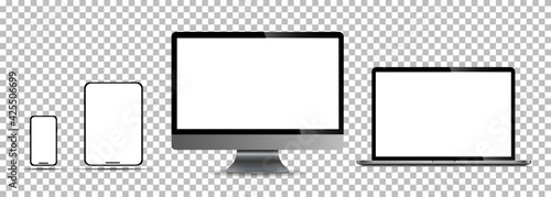 Realistic set of monitor, laptop, tablet, smartphone - Stock Vector illustration.