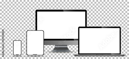 Realistic set of monitor, laptop, tablet, smartphone - Stock Vector illustration.