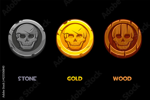 Pirate black mark, gold, wooden, stone coins with a skull.