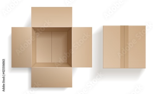 Top view cardboard box. Closed and open beige boxes inside and top view, brown pack mockup, delivery service and warehouse object realistic empty carton container. Vector 3d isolated set