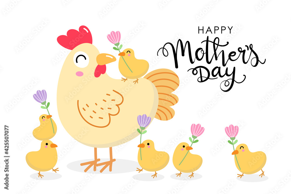 Happy Mother's Day greeting card with cute hen and chicks with flowers.  Chicken and baby. Animal cartoon character set. Vector in flat style. Stock  Vector | Adobe Stock
