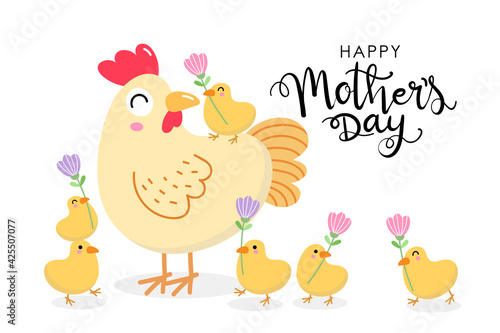 Happy Mother's Day greeting card with cute hen and chicks with flowers. Chicken and baby. Animal cartoon character set. Vector in flat style.