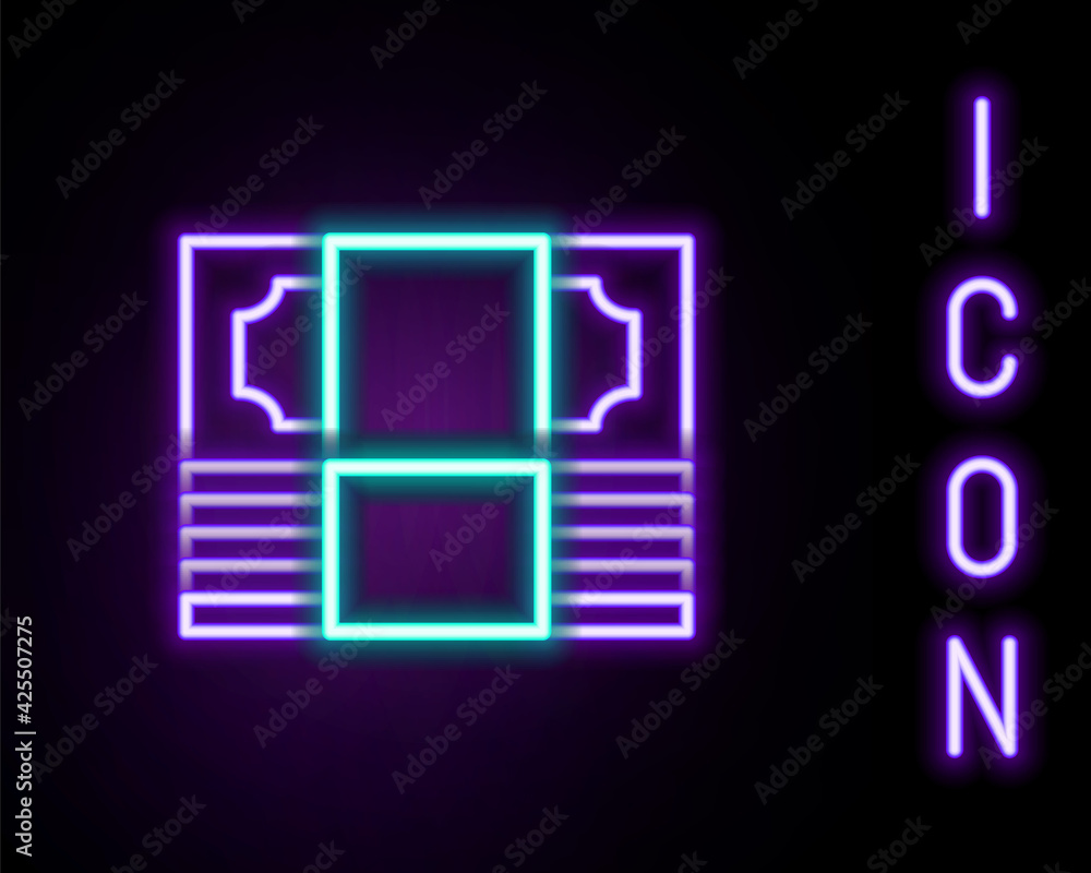 Glowing neon line Stacks paper money cash icon isolated on black background. Money banknotes stacks. Bill currency. Colorful outline concept. Vector Glowing neon line Stacks paper money cash icon isolated on black background. Money banknotes stacks. Bill currency. Colorful outline concept. Vector