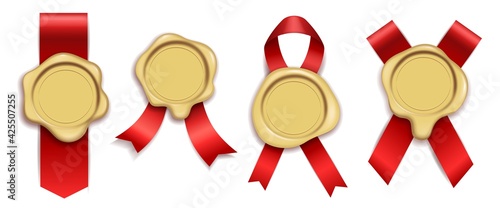 Wax gold. Rubber vintage document envelope seals royal mail, red ribbons with candle waxing stamps. Luxury elements for diploma or certificate, quality assurance vector isolated set