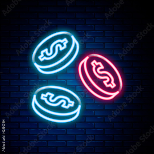 Glowing neon line Coin money with dollar symbol icon isolated on brick wall background. Banking currency sign. Cash symbol. Colorful outline concept. Vector