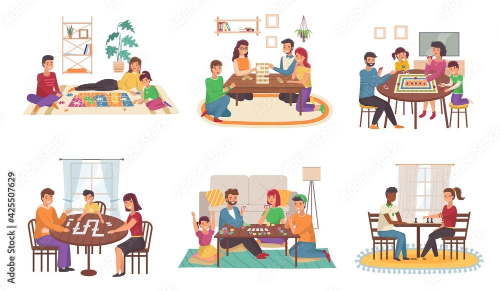People play board games at home. Happy families play chess and poker, domino and puzzles cartoon scenes, parents and children indoors, collective hobby and activities vector set