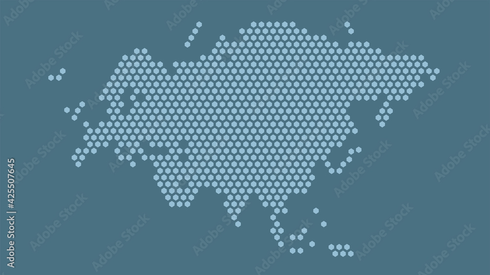 Blue hexagonal pixel map of Eurasia. Vector illustration Eurasian continent hexagon map.