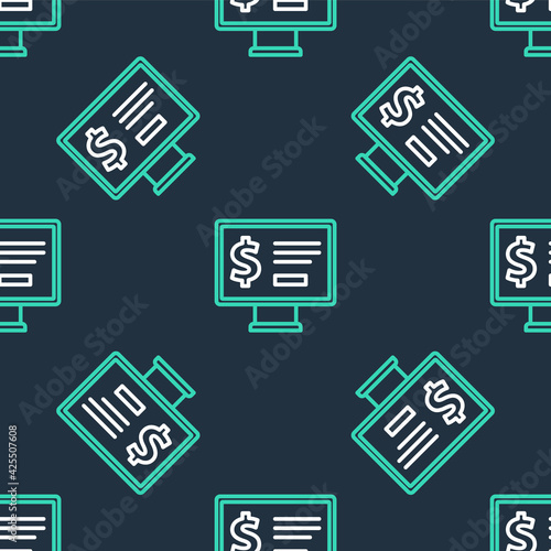 Line Monitor with dollar icon isolated seamless pattern on black background. Sending money around the world, money transfer, online banking, financial transaction. Vector