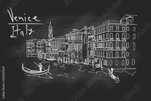Vector sketch of scene in Venice with channel, gondola and architecture.