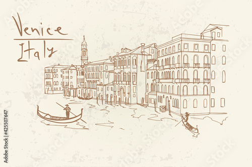 Vector sketch of scene in Venice with channel  gondola and architecture.