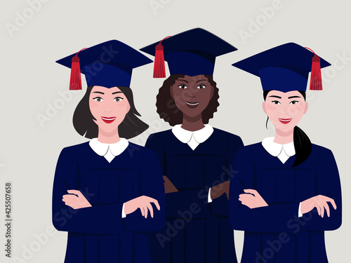 Group portraits young female students different races and nationalities.  Vector illustration happy  schoolchild, woman in cap and dress with university. The concept celebrating graduation ceremony.