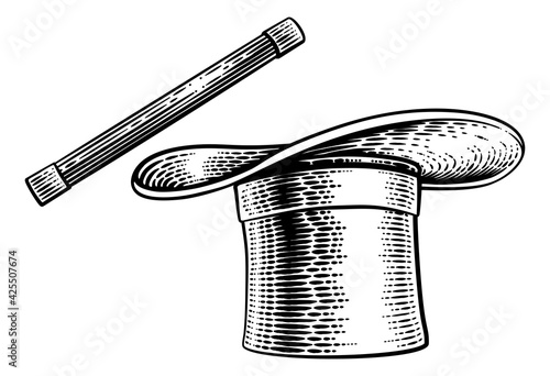 Magic Wand And Magician Top Hat Woodcut Drawing