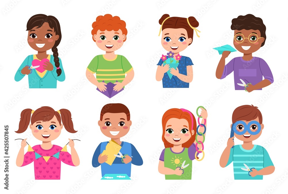Kids paper craft. Happy creative children cut colored paper, make applications, bend origami and glue flags and chains garlands. Girls and boys with art works, school exhibition vector set Kids paper craft. Happy creative children cut colored paper, make applications, bend origami and glue flags and chains garlands. Girls and boys with art works, school exhibition vector set