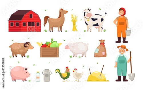Farm objects. Man and woman farmers, agricultural crops and utensils, funny different domestic animals and birds, vegetables harvest, red wooden shed. Countryside vector cartoon isolated set