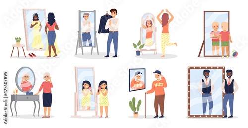 People looking at mirror. Men and women see themselves in reflective surface. Human appearance reflections. Characters choose and try on clothes at home or in fitting room, vector set