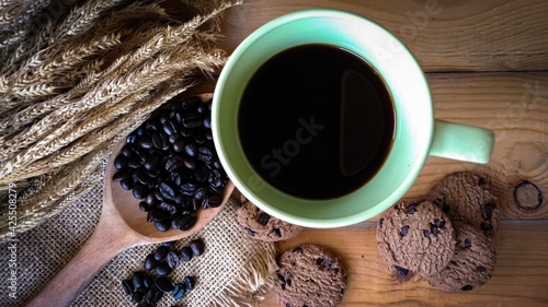 Coffee mugs on wooden floor, top view. Coffee style illustration.