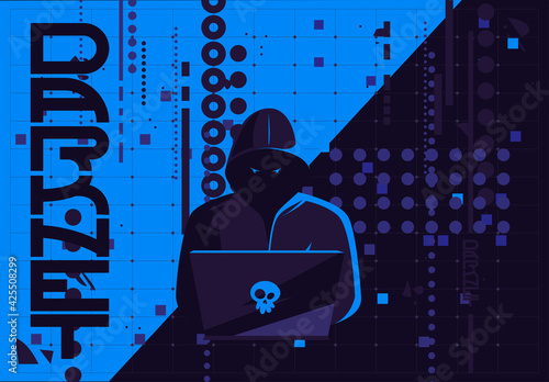 Vector illustration of a hacker man in a dark hood sitting at a laptop, darknet user, flat futuristic design internet background image