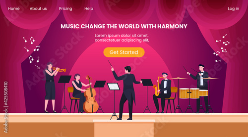 Symphony orchestra harmony with conductors in front of the theater stage, vector illustration concept`