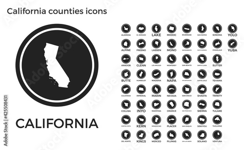 California counties icons. Black round logos with US state counties maps and titles. Vector illustration.
