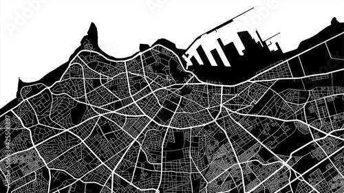 Black and white vector background map, Casablanca city area streets and water cartography illustration.