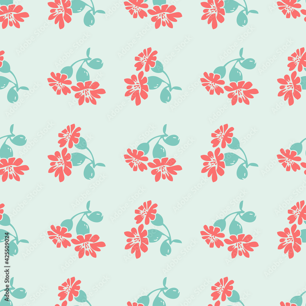 Naklejka premium Hand drawn bloom blue branches with red flowers, floral seamless pattern abstract background wallpaper vector. Line art botanical illustration for graphic design print. Trendy nature color pastel blue