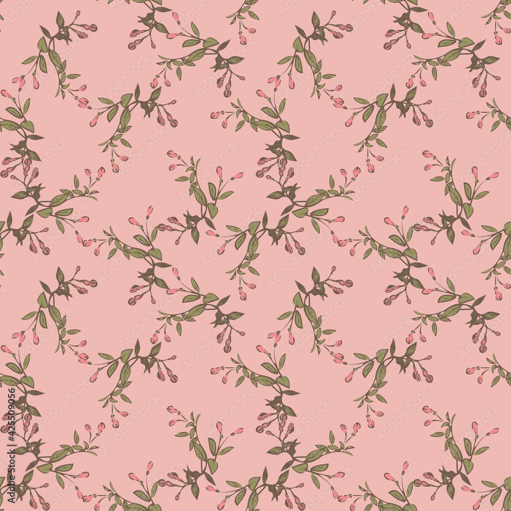 Hand drawn bloom green branches with pink flowers, floral seamless pattern abstract background wallpaper vector. Line art botanical wrapping illustration for graphic design print. Nature pastel green