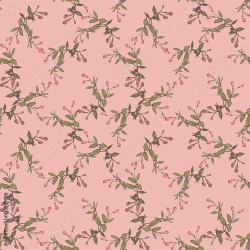 Hand drawn bloom green branches with pink flowers, floral seamless pattern abstract background wallpaper vector. Line art botanical wrapping illustration for graphic design print. Nature pastel green