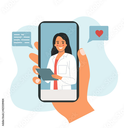 Online doctor woman. Hand holding smartphone. Vector flat style cartoon  illustration.